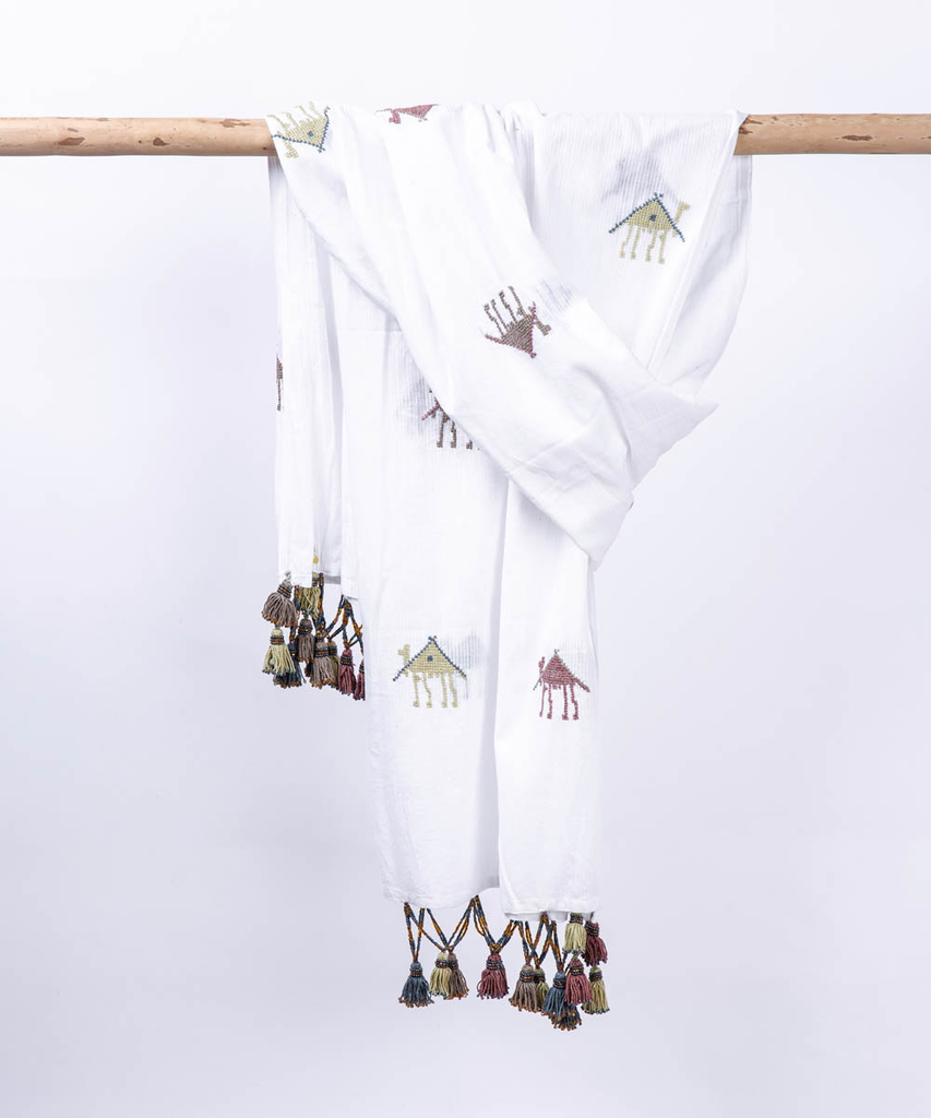 [800207] Shawl Voile White NS Camel شال فوال أبيض شمال 0.90*2.10